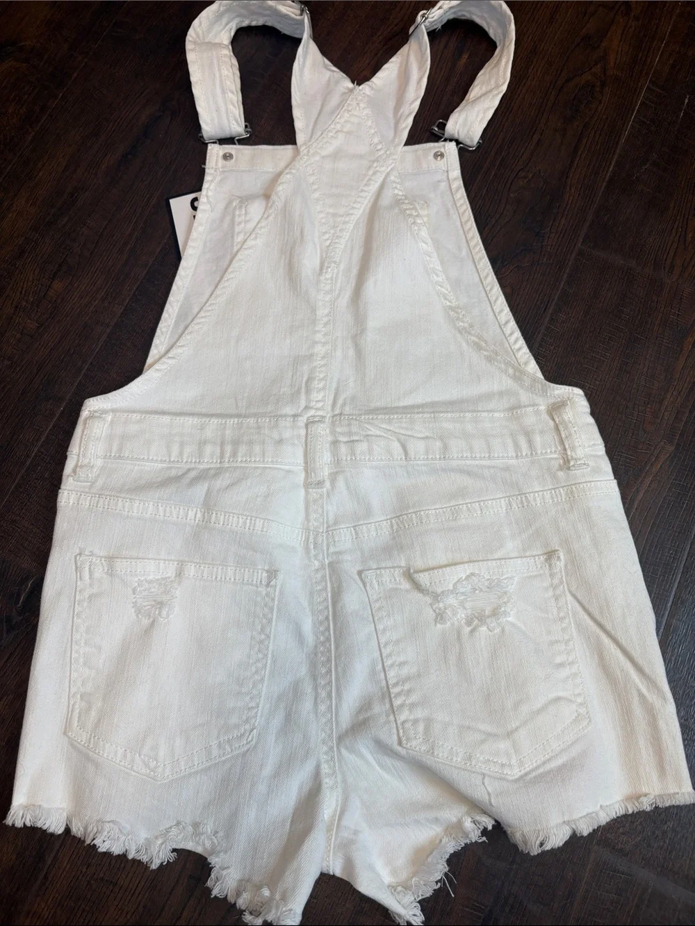 Almost Famous NWT Womens size 5 White Distressed Denim Shortall Overalls